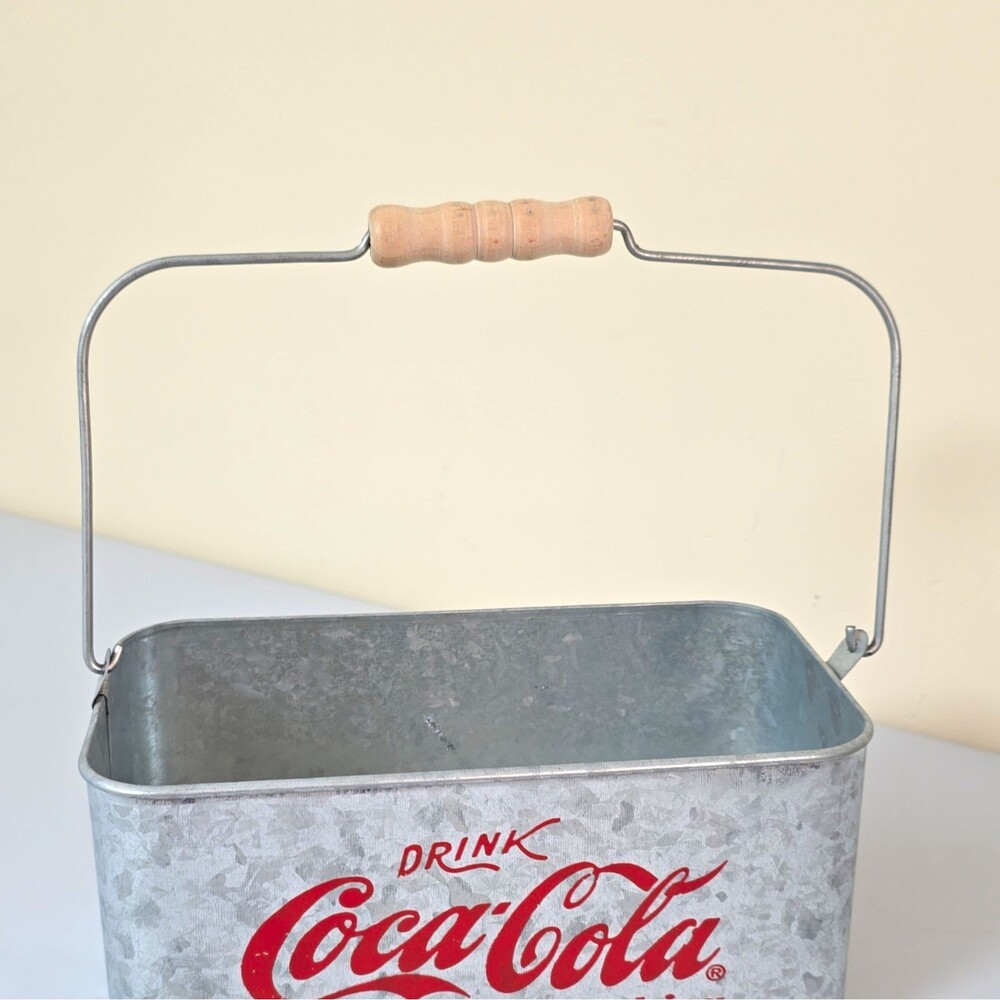 Coca-Cola Galvanized Metal Bottle Carrier Caddy w/ Wood Handle Silver/Red